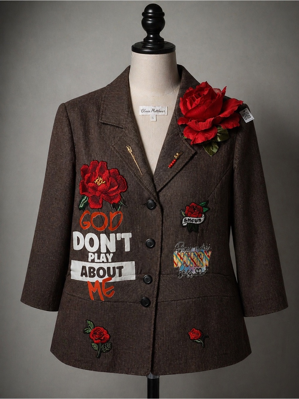 Olivia Matthews Brown Blazer with Red Floral Embroidery